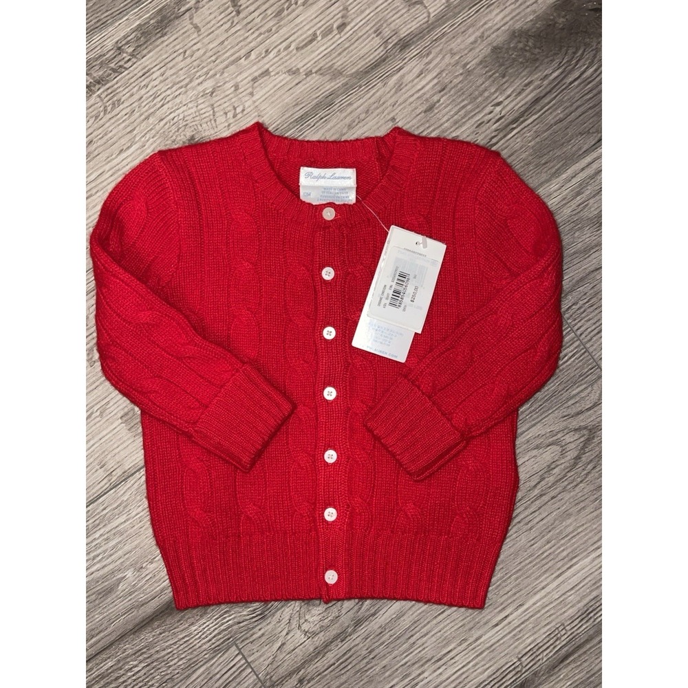 Polo Ralph Lauren 100% Cashmere Red Baby Cardigan Sweater Size 12 Month $250 NWT